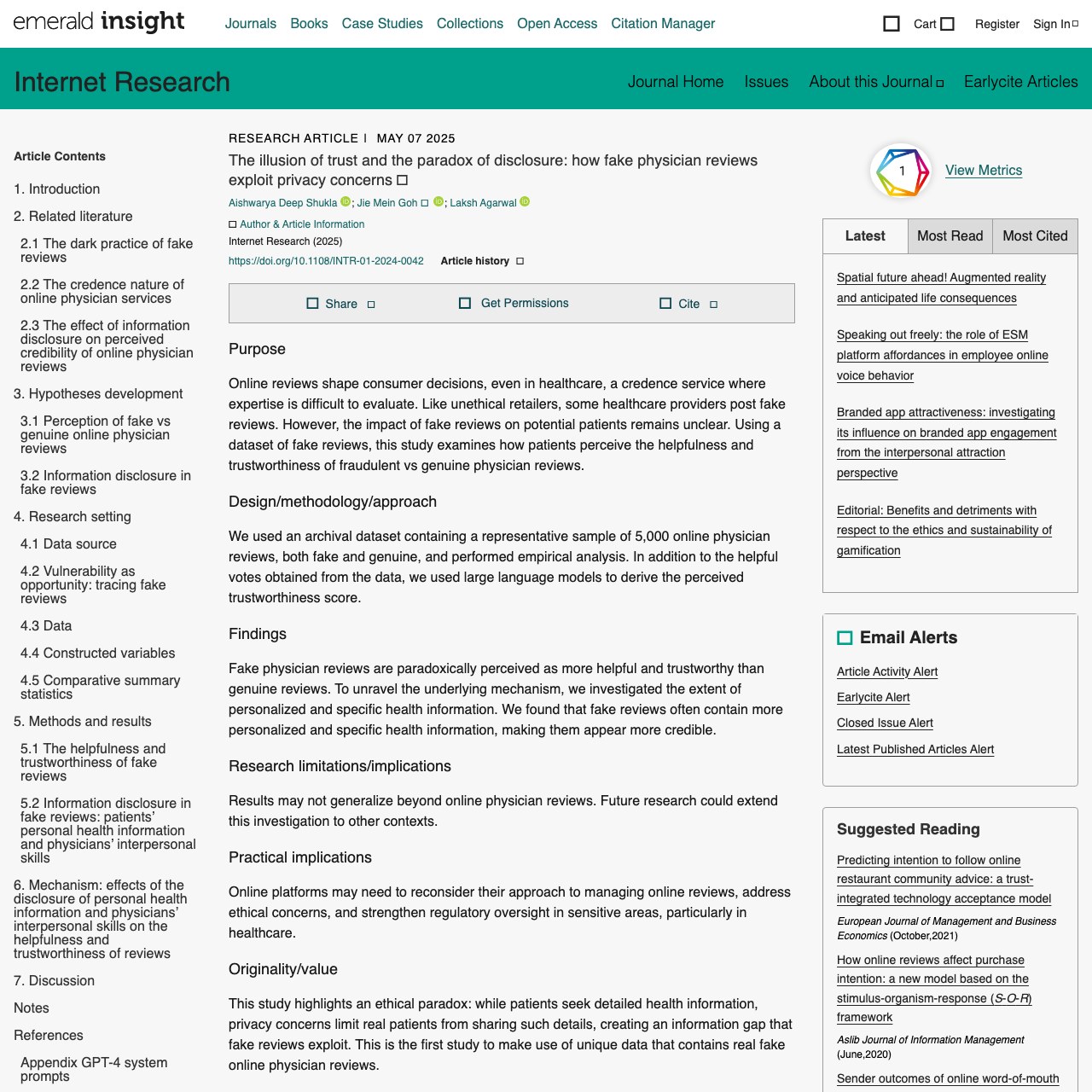 First page of 'The Illusion of Trust and the Paradox of Disclosure' in Internet Research