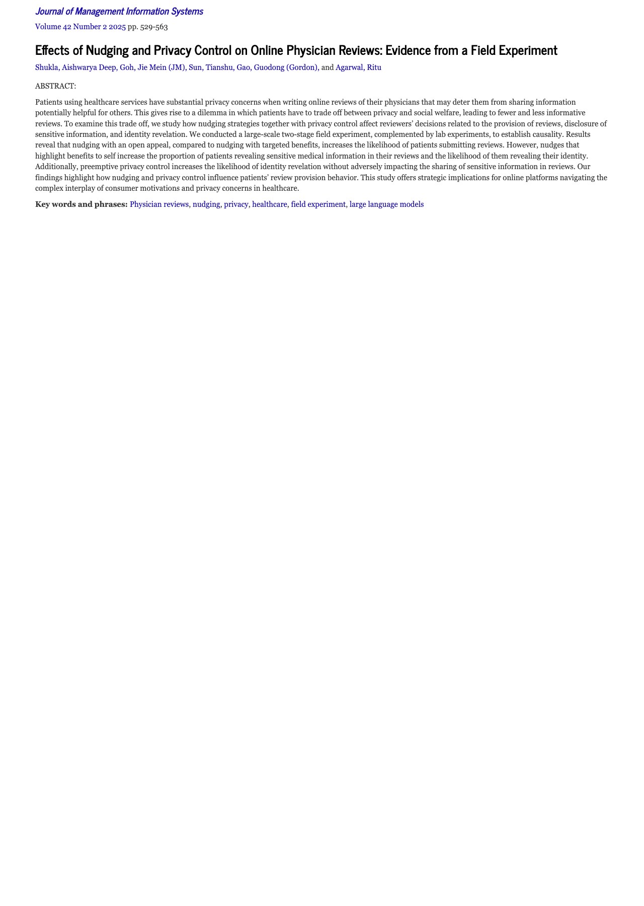 First page of 'Effects of Nudging and Privacy Control on Online Physician Reviews' in JMIS